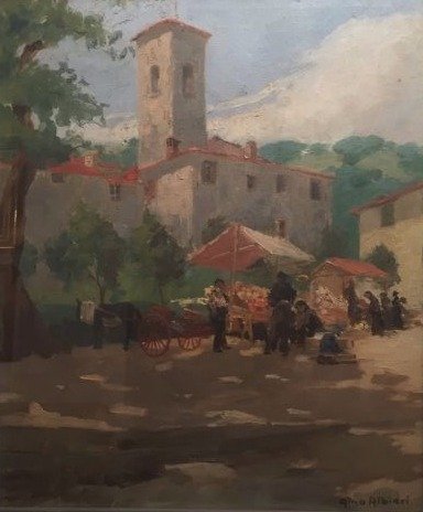 Gino Albieri (1881-1949) - Il mercato sotto la torre #1.0