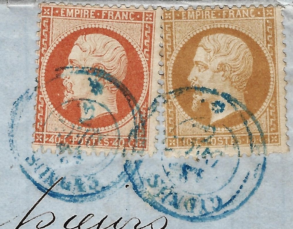 Frankreich 1862 - Empire-Stempel mit gezacktem Stempel und blauem Liner - Yvert et Tellier n°21 + 23 #2.1
