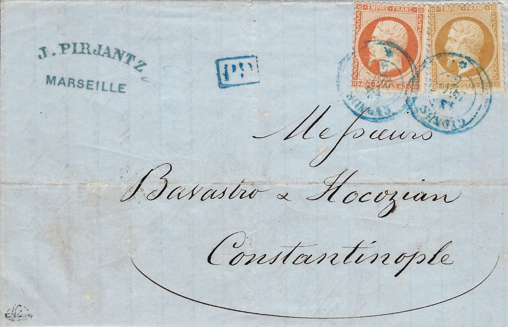 Frankreich 1862 - Empire-Stempel mit gezacktem Stempel und blauem Liner - Yvert et Tellier n°21 + 23 #1.1