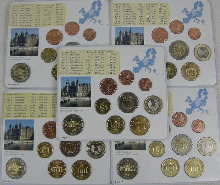 Deutschland. Year Set (FDC) 2007 "A,D,F,G,J" (incl. 5 x 2 Euro Schwerin) (5 sets)  (Ohne Mindestpreis) #2.1