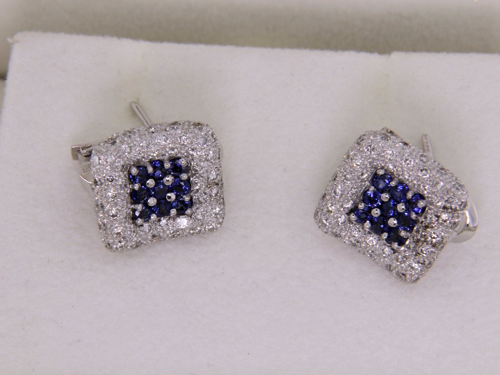 鸡尾酒耳环 - 18K包金 白金 钻石 (天然)  - 蓝宝石 #2.1