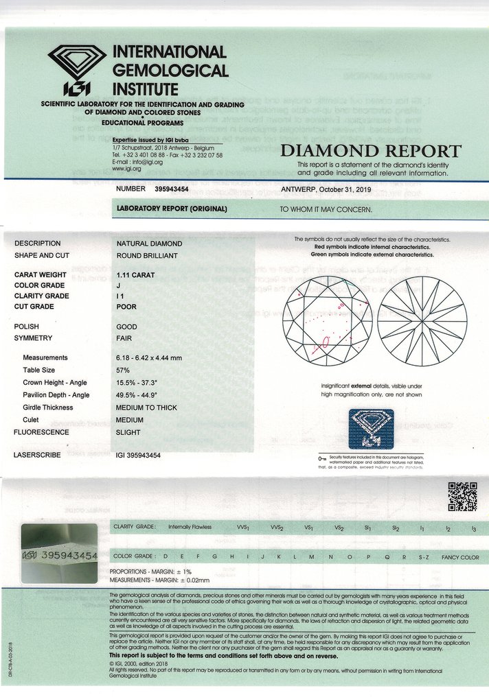 鑽石 - 1.11 ct - 圓形 - J(極微黃、從正面看是亮白色) - I1 #3.1