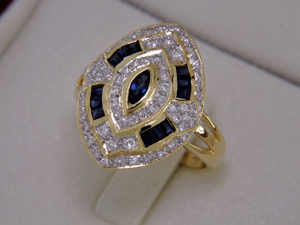 鸡尾酒戒指 - 18K包金 黄金 - 1.68ct. tw. 蓝宝石 - 钻石 #1.0