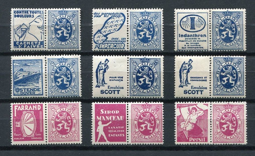 Belgium 1929/1932 - Complete set of 54 advertising stamps 'Heraldical Lion' with pubs - OBP/COB PU5/58 #4.3