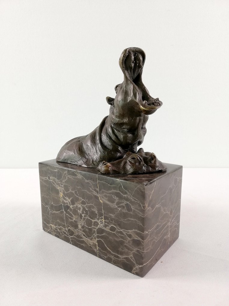 Figurine - Bathing hippo's - Bronze, Marble #2.1