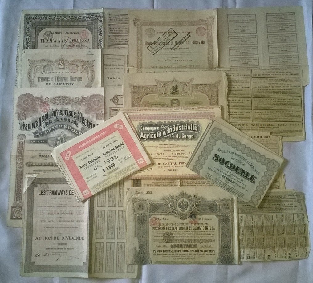 51 股份来自:沙皇俄国(30)、奥匈帝国(1)、比利时王国(1)§比利时. obligaties tussen § van : 1868 tot 1936 (沒有保留價) #1.0