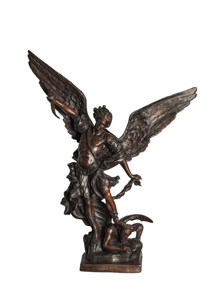 Skulptur, Sankt Mikael ärkeängeln på väg att döda djävulen - 100 cm. - Brons - Sent 1900-tal #1.1