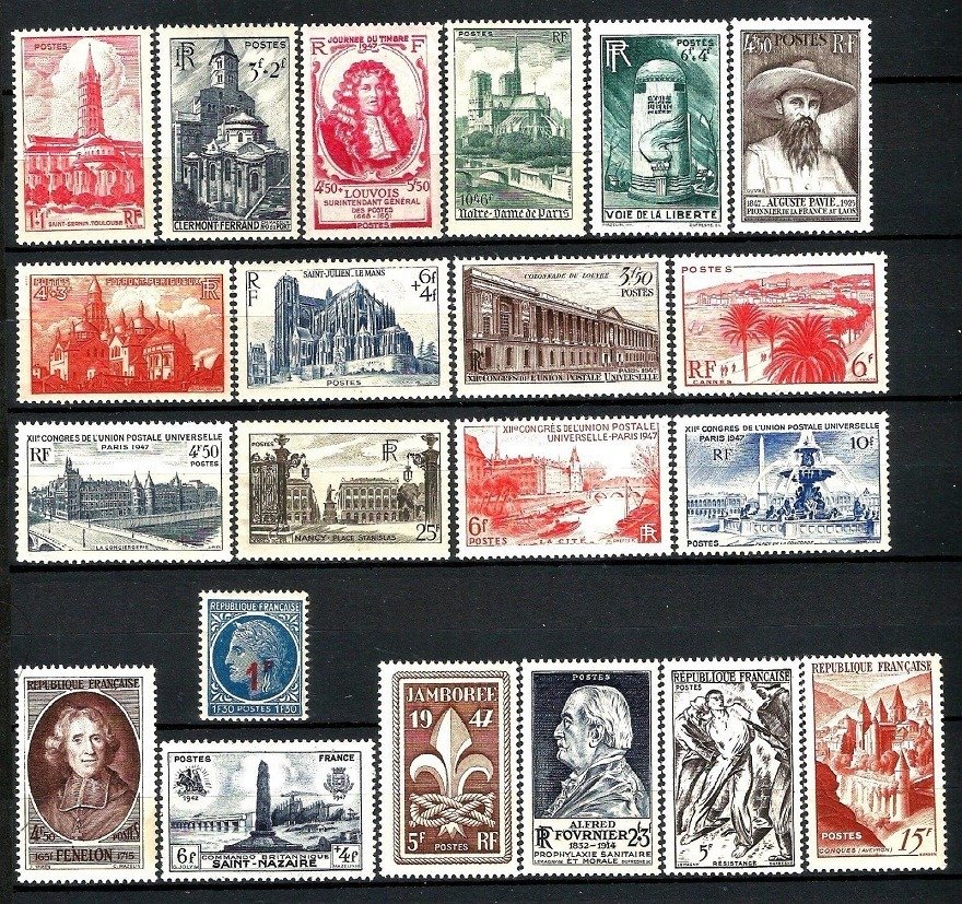 França 1944/1949 - Lote de 6 anos consecutivos completos Novo ** sem dobradiças - Yvert N°599 au n°862** MMH dont CITEX & bonnes valeurs #2.3