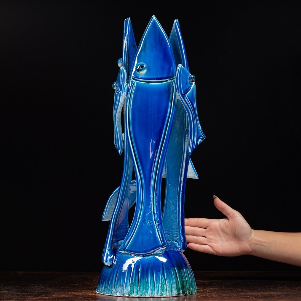 Sculpture, The Blue Fish Lamp - 560 mm - Artistique Fait Main - Figulus - Sculpture de Poisson en Céramique Vietri #1.1
