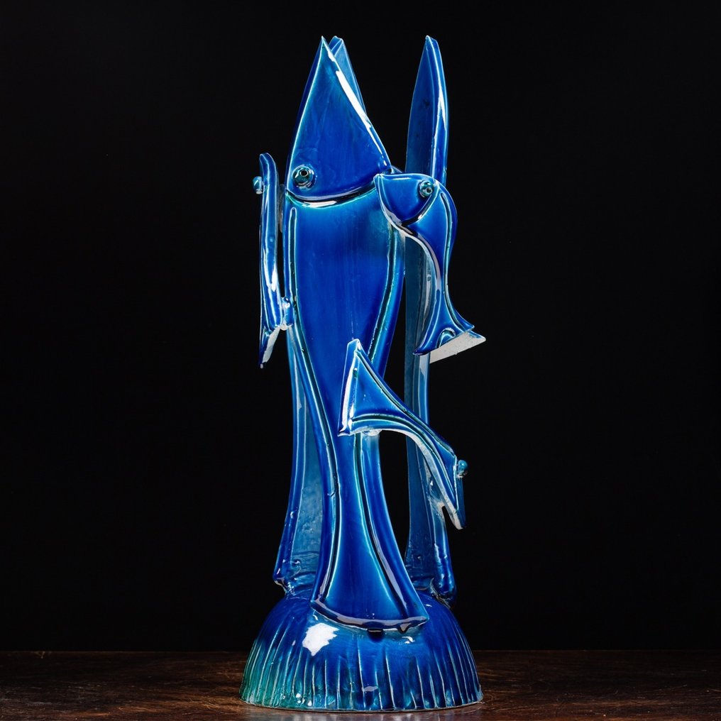 Sculpture, The Blue Fish Lamp - 560 mm - Artistique Fait Main - Figulus - Sculpture de Poisson en Céramique Vietri #1.2