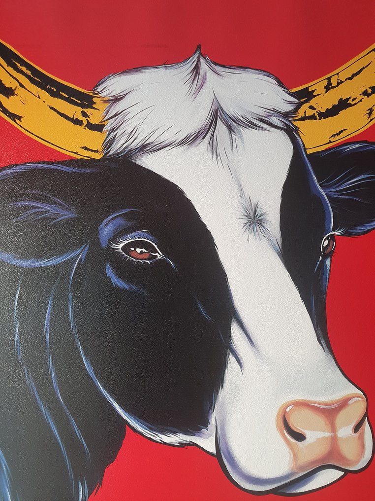 Antonio de Felipe - Pop Art - Vaca Warhol Rojo con platanos - Papel especial Gofrado. #1.0