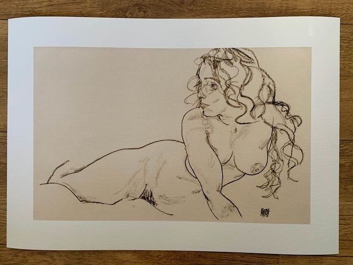 Egon Schiele - Sich aufstützender weiblicher Akt mit langem Haar - Lata 1900–1909 #2.1