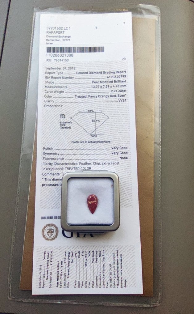 1 pcs 钻石  (经彩色处理)  - 2.91 ct - 梨形 - Fancy 似橙色 红色 - VVS1 极轻微内含一级 - 美国宝石研究院（GIA） #2.1