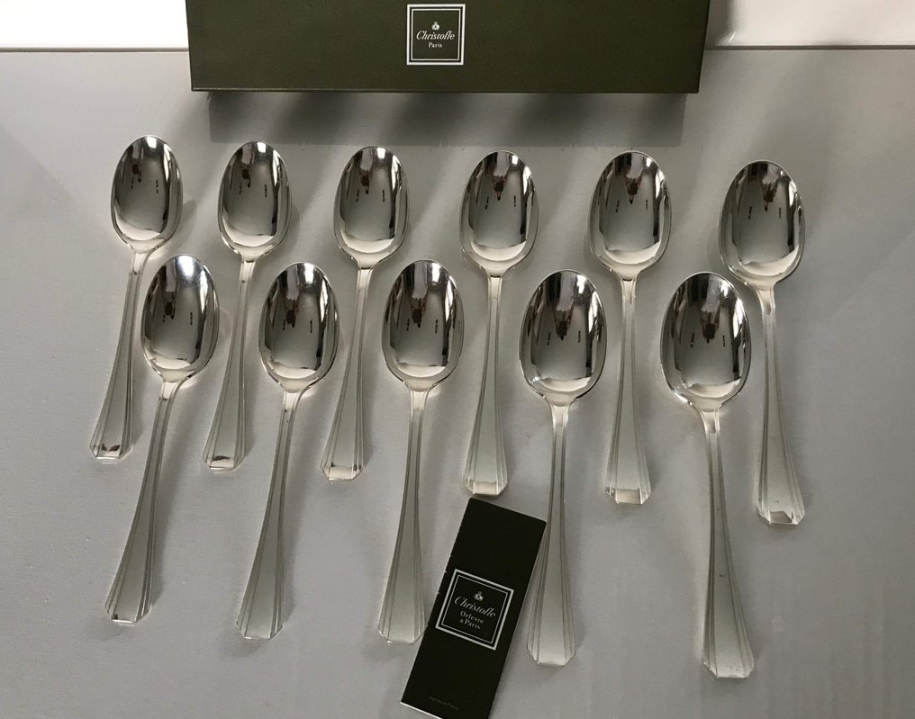 Christofle - Luc Lanel - Spoon - Set of 12 Art Deco soup spoons model Boreal - Silver metal #1.0
