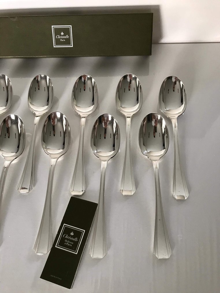 Christofle - Luc Lanel - Spoon - Set of 12 Art Deco soup spoons model Boreal - Silver metal #2.1
