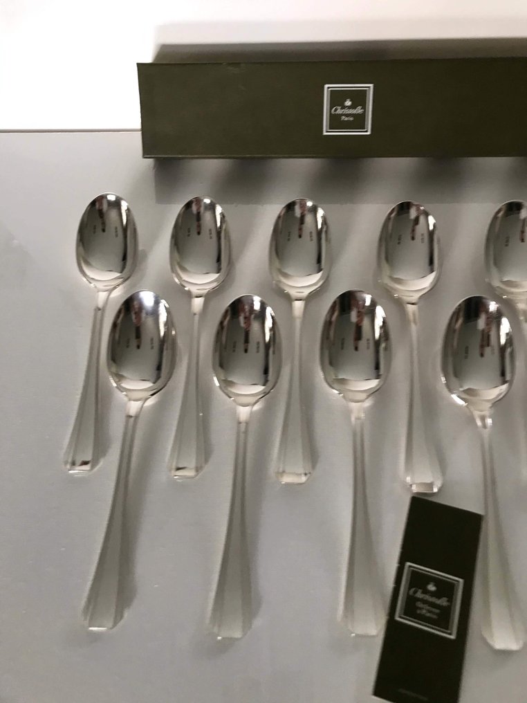 Christofle - Luc Lanel - Spoon - Set of 12 Art Deco soup spoons model Boreal - Silver metal #1.0