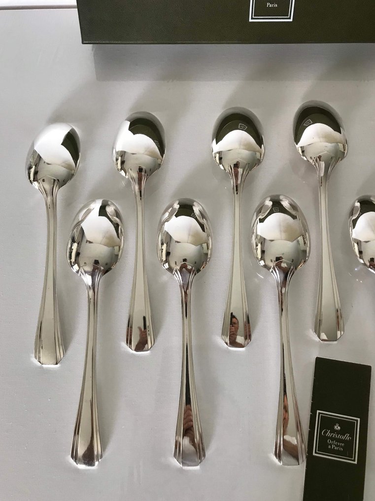 Christofle - Luc Lanel - Spoon - Set of 12 Art Deco soup spoons model Boreal - Silver metal #4.3