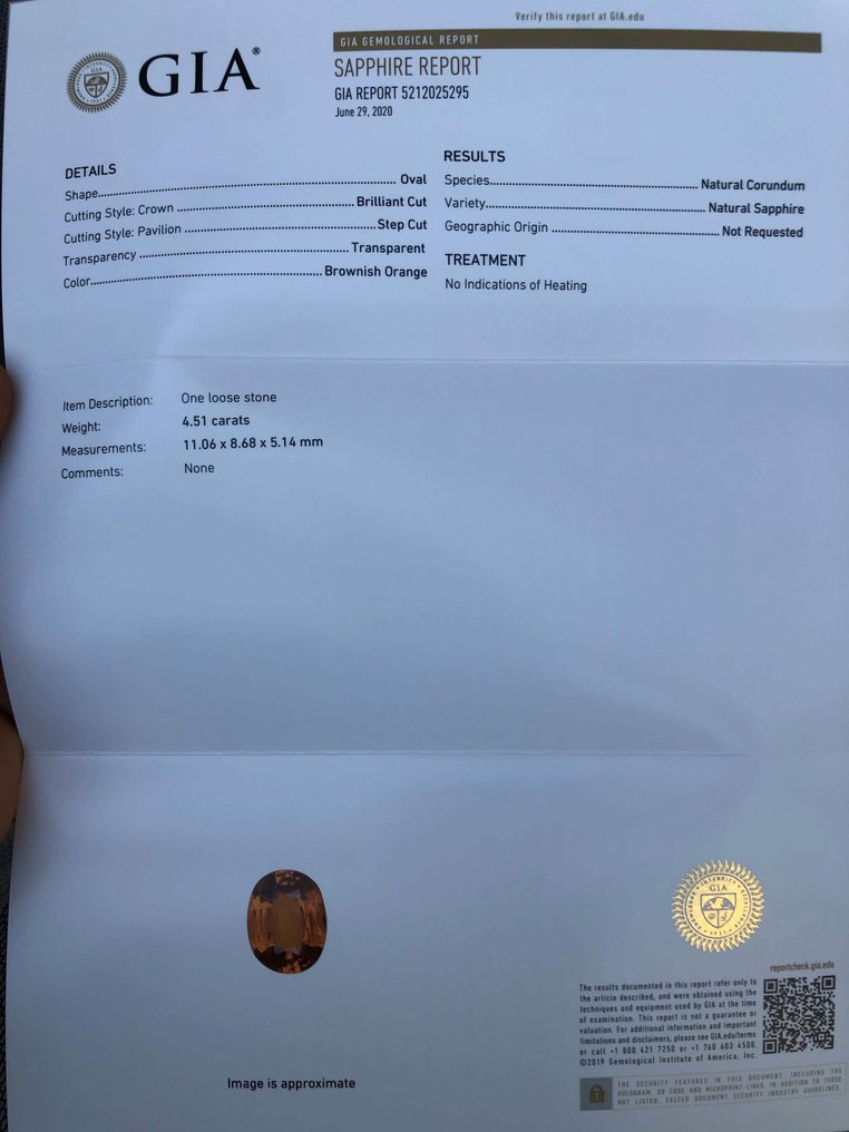 1 pcs  橙色 蓝宝石  - 4.51 ct - 美国宝石研究院（GIA） #2.1