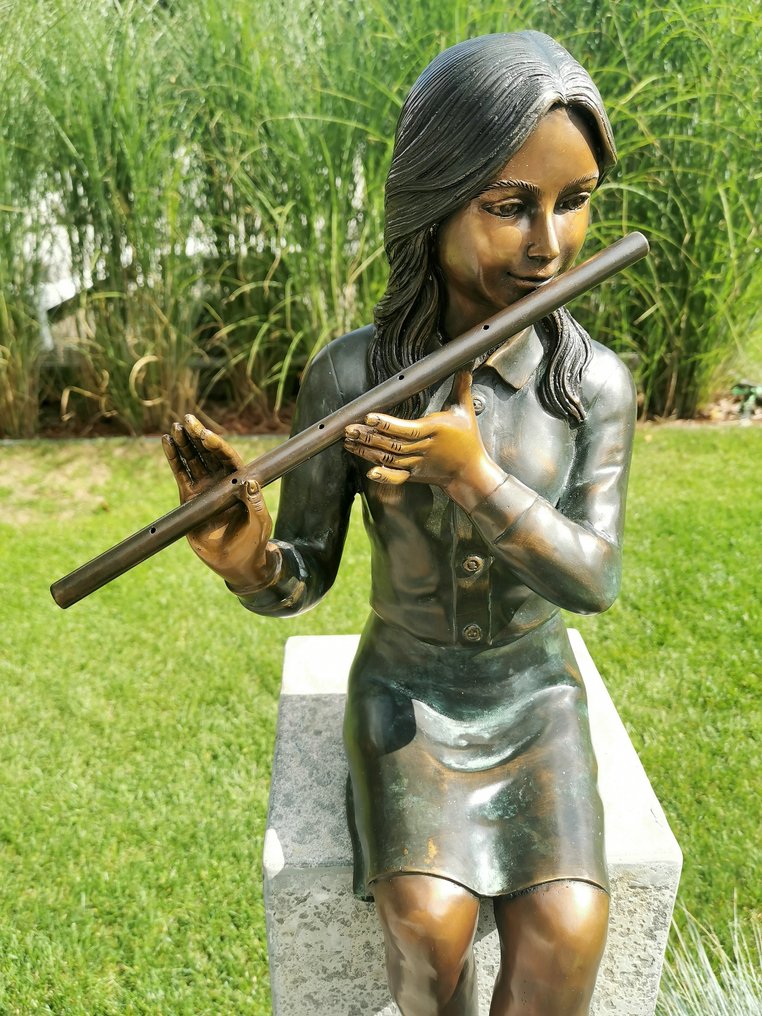 sculptuur, Girl with flute - 66 cm - Brons #4.3