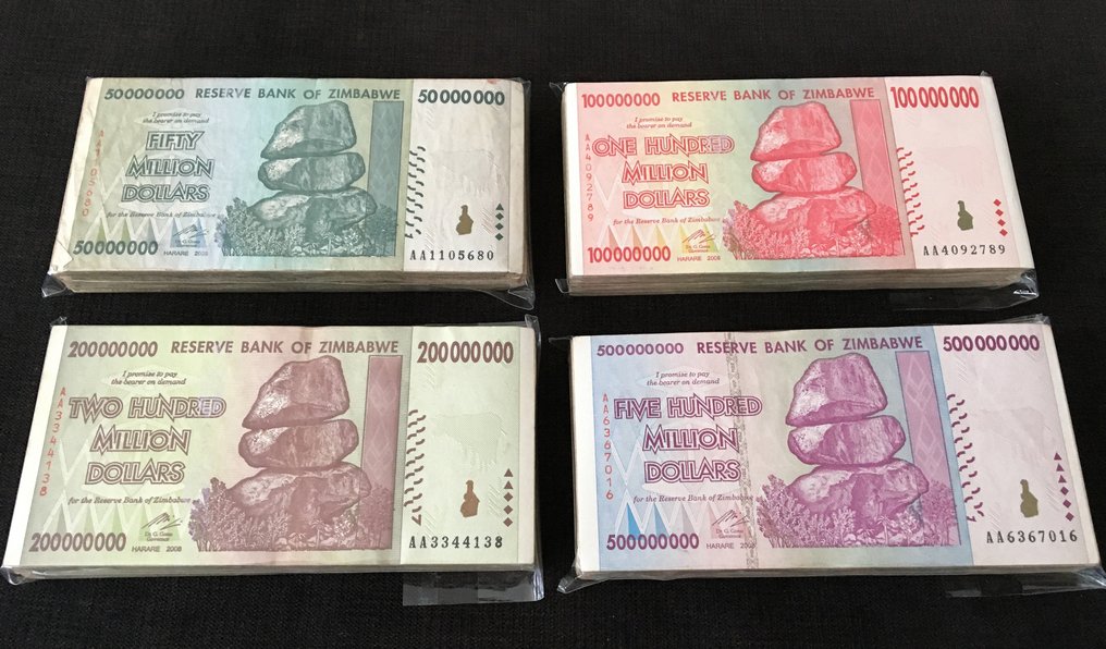 Zimbábue. - 100 x 50, 100, 200, 500 Million Dollars 2008 - Pick 79, 80, 81, 82 (400 Banknotes) #1.1