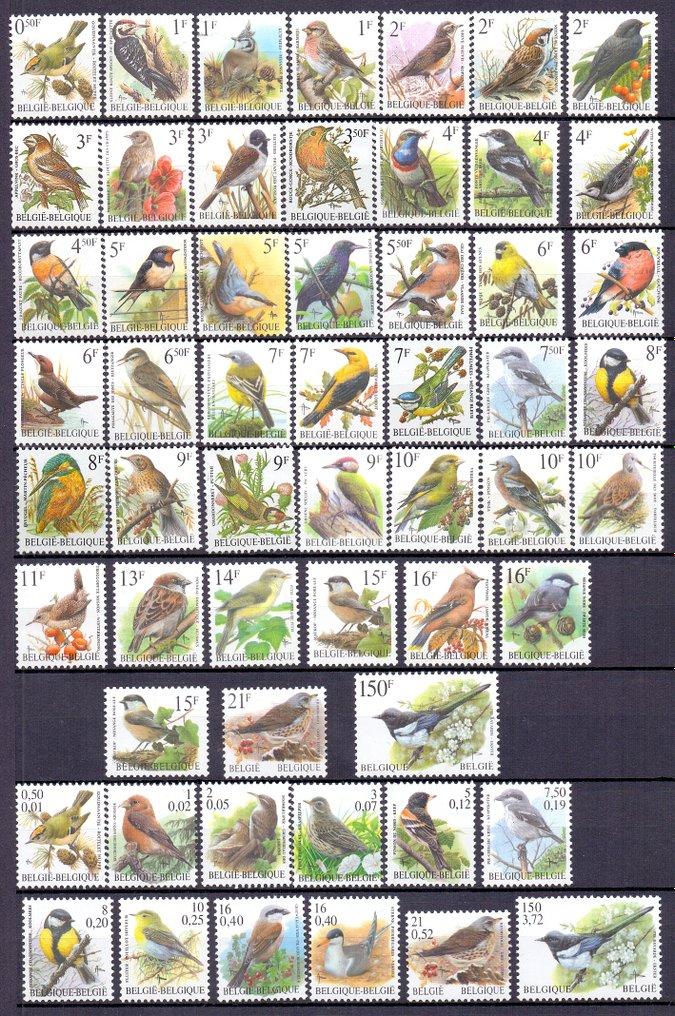 Bélgica 1986/2010 - Extensa coleção de pássaros Buzin com selos em BF PREOs incluindo valor duplo e Euro #1.2