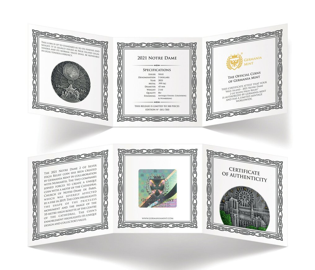 Niue. 5 Dollars 2021 Aeternitas - Notre Dame de Paris - Antique Finish, 2 Oz (.999) #3.2