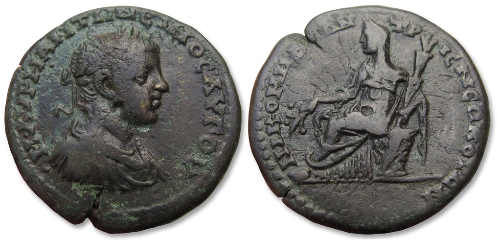 Imperiul Roman (Provincial). Elagabalus (AD 218-222). 27mm provincial coin Bythinia, Nicomedia mint - Demeter sitting on throne - Ex Gorny & Mosch with auction ticket - #3.1