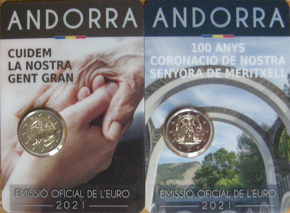 Andorra. 2 Euro 2021 "Ouderenzorg" +" Meritxell" (2 verschillende) (Ingen reservasjonspris) #1.0