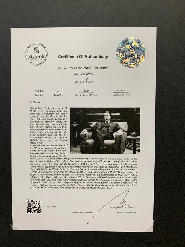 The Godfather - Al Pacino as "Michael Corleone" - Fine Art Photography - Luxury Wooden Framed 70X50 cm - Limited Edition Nr 10 of 50 - Serial ID 16386 - Original Certificate (COA), Hologram - 100% New. Shipping Reduction from 3 items #1.0