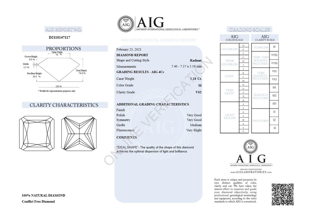 1 pcs Diamond  (Natural)  - 2.18 ct - Radiant - M - VS2 - Antwerp International Gemological Laboratories (AIG Israel) #2.1