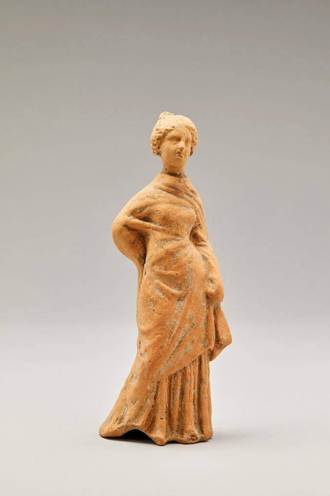 Ancient Greek, Hellenistic Terracotta Tanagra Female Figure Statue #1.1