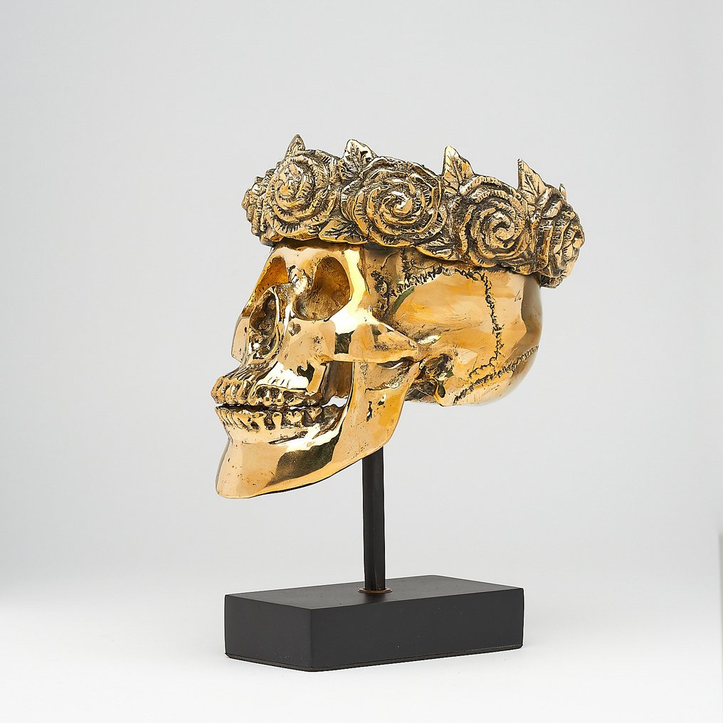 Γλυπτό, NO RESERVE PRICE - Sculpture Human Skull with a Crown of Roses - 20 cm - Μπρούντζος #3.2