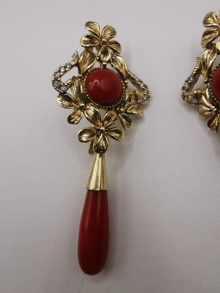 Ingen reservasjonspris - Dråpe øredobber Gullplattert, Sølv, Koraller Sardinia Korall - Orecchino Art déco #1.0