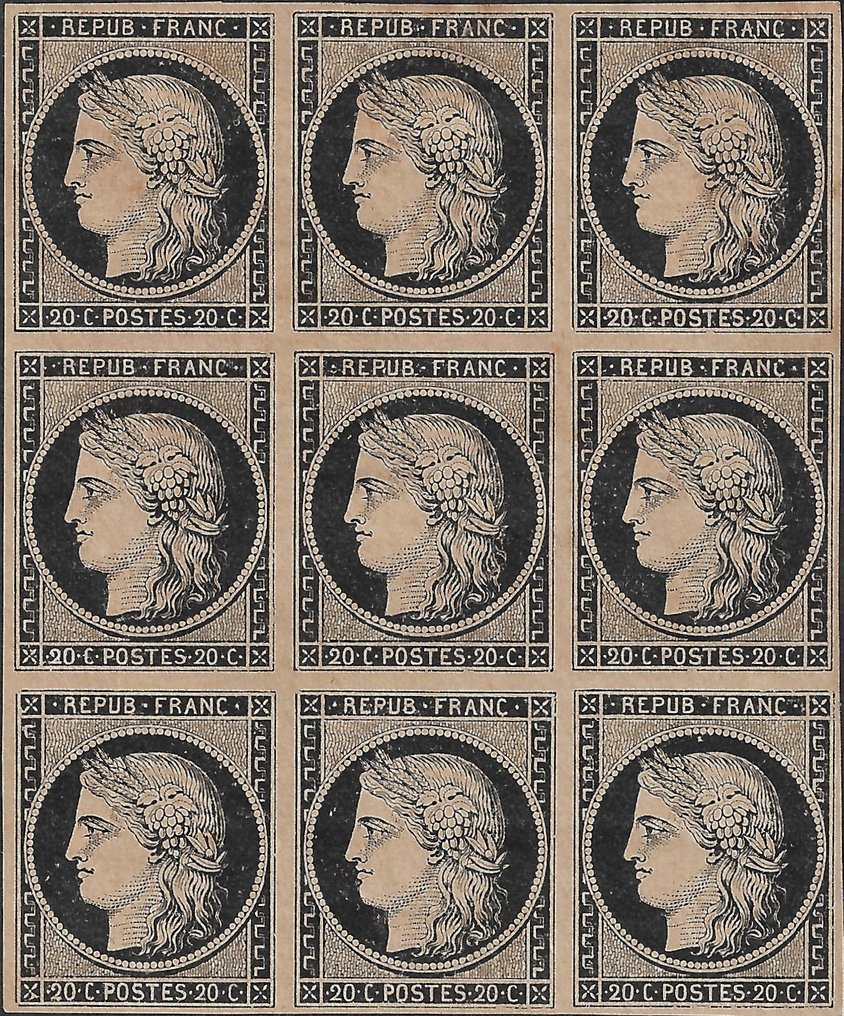 Francja 1849 - 20 centymów czarny na ciemnym, płowożółtym, barwionym papierze, z jedwabną nicią, blok 9 sztuk z - n°3 #1.1