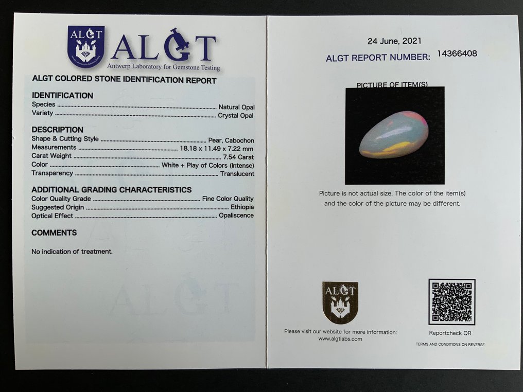 蛋白石  - 7.54 ct - Antwerp Laboratory for Gemstone Testing (ALGT) #3.2