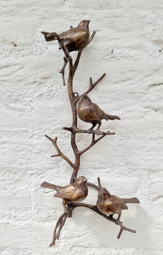 雕塑, 4 vogeltjes op een tak - 42 cm - 黄铜色 #3.2