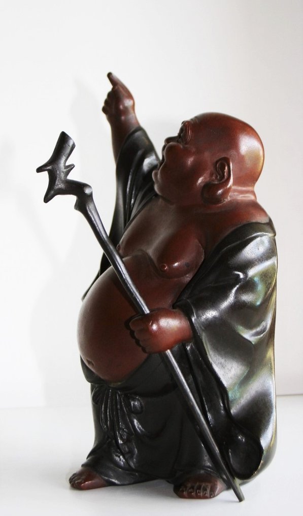 God of Good Fortune Hotei 布袋 pointing at the moon - 雕塑 黄铜色, 铜 - 日本 - Meiji period (1868-1912) #3.2