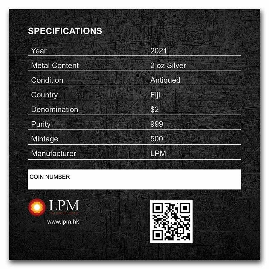 Fiji. 2 Dollars 2021 Ancient Warriors - Spartan Warrior Mask Shaped, 2 Oz (.999) #4.3