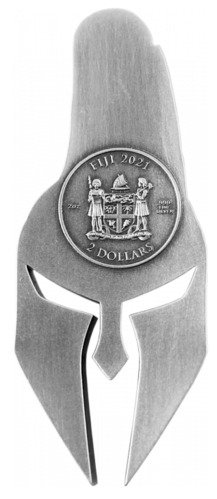 Fiji. 2 Dollars 2021 Ancient Warriors - Spartan Warrior Mask Shaped, 2 Oz (.999) #2.1