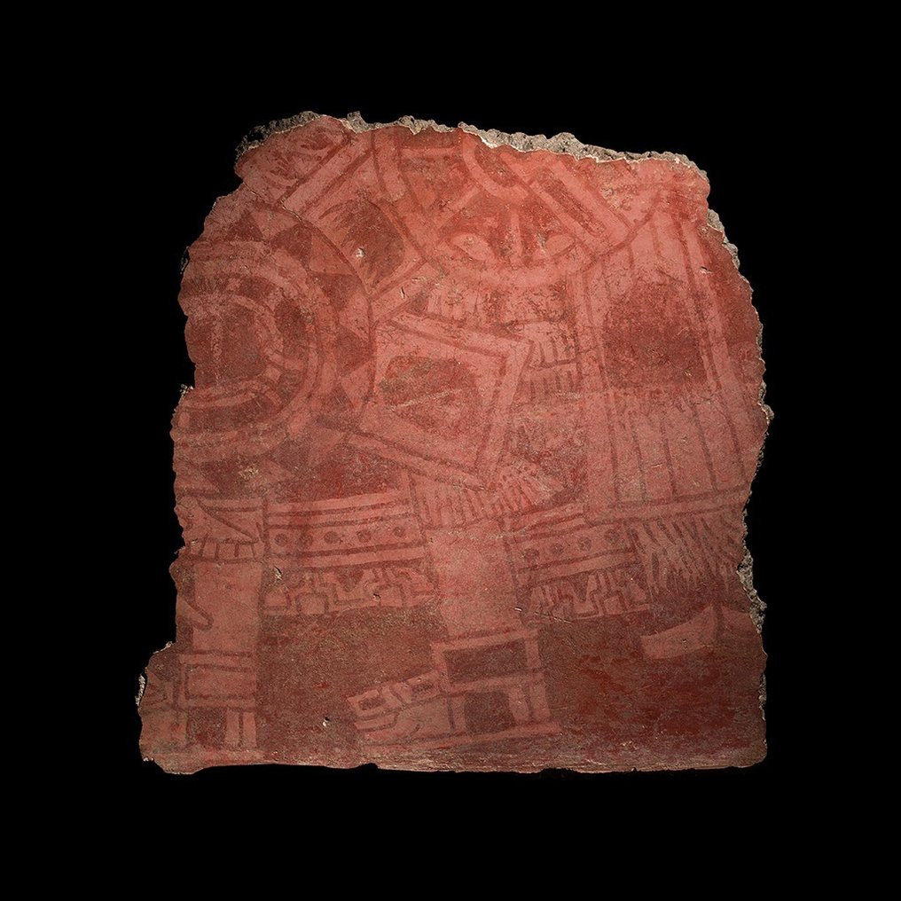 Teotihuacán, México Stucco Stucco Polychrome wall fresco. 500 - 600 AD. Height 40 cm. Ex. Bonhams. Spanish Import License. #1.1