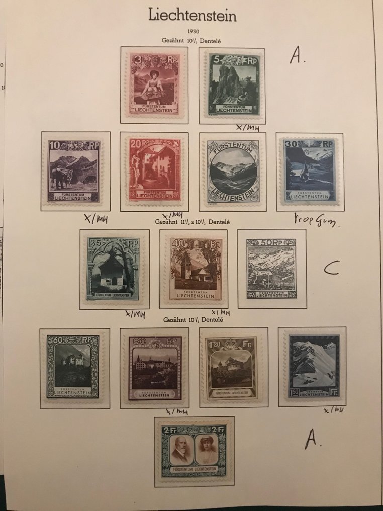 Liechtenstein 1930 - Landskap og kongepar med ulike perforeringer - Michel 95/107 #2.2