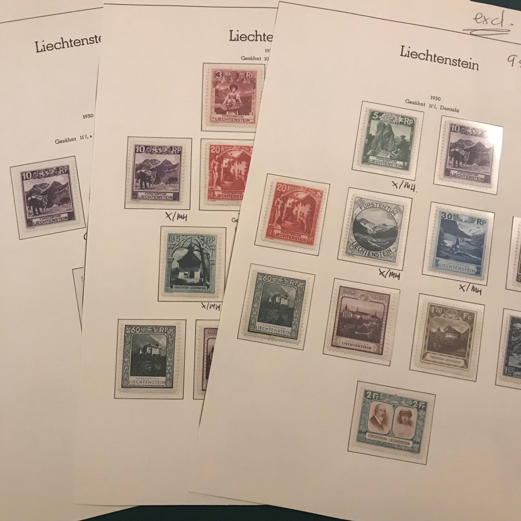 Liechtenstein 1930 - Landskap och kungapar med olika perforeringar - Michel 95/107 #1.1