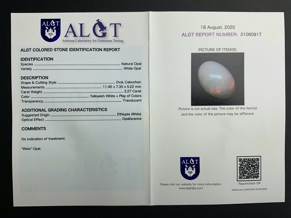 Ingen mindstepris Opal  - 2.27 ct - Antwerp Laboratory for Gemstone Testing (ALGT) #3.1