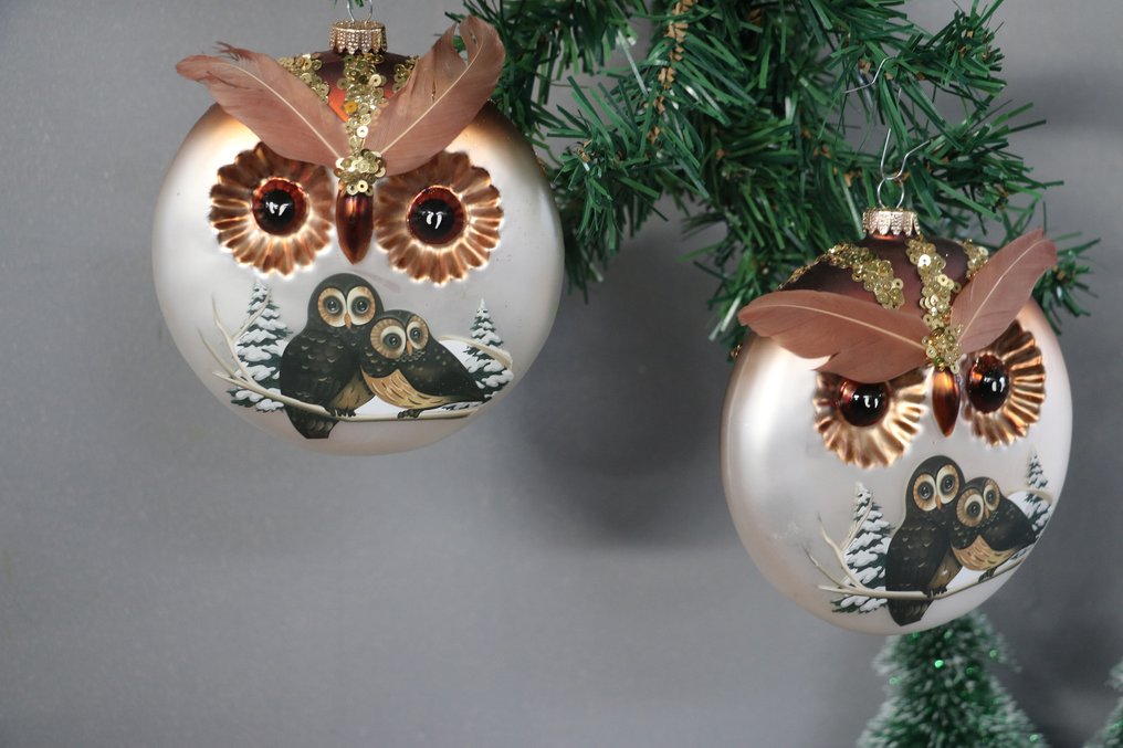 Krebs-Lauscha: 2 uilenschijven met geschilderd uilen motief voor de kerstboom en decoratie - Adornos navideños Krebs, Lauscha (2) - Vidrio #1.0