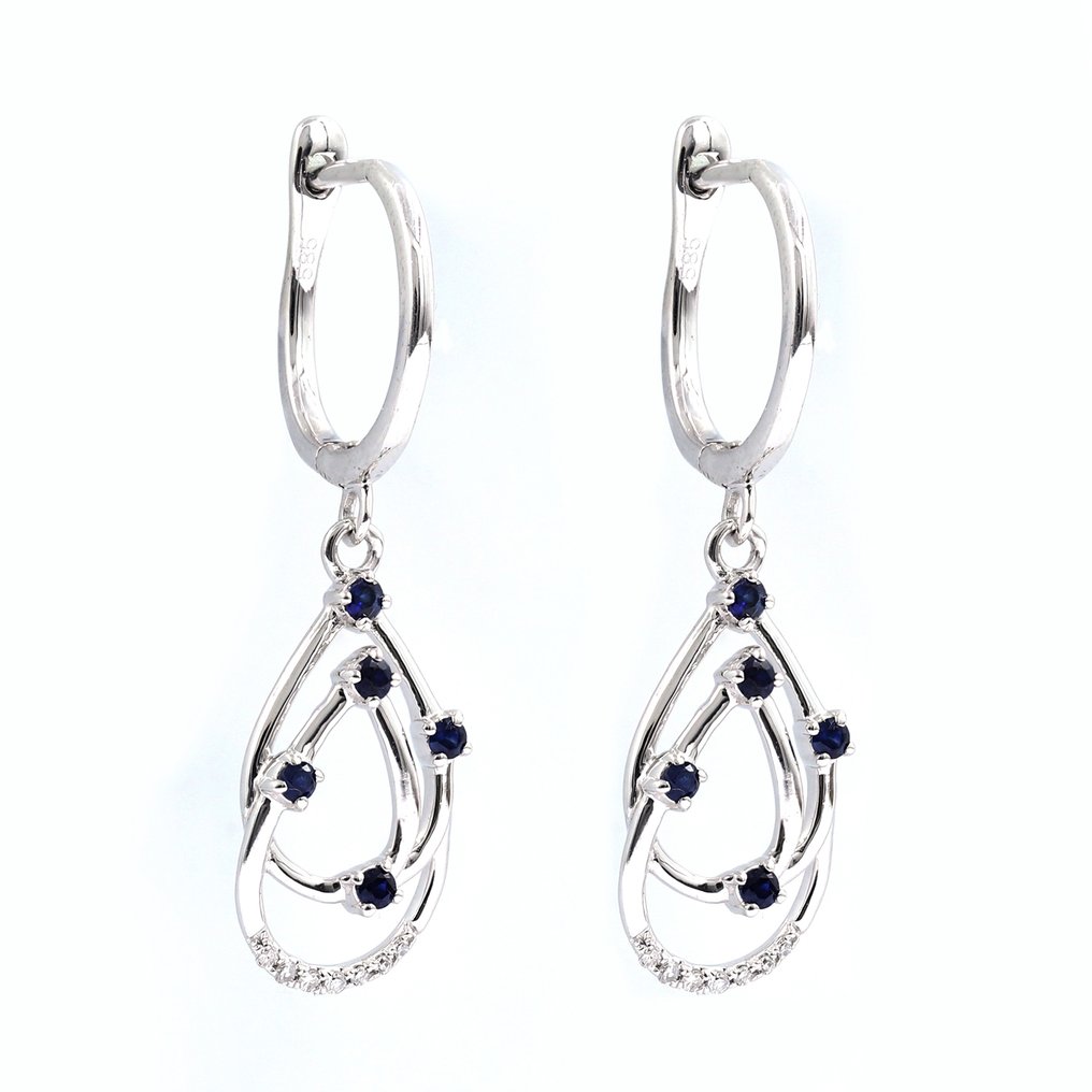 耳环 - 14K包金 白金 蓝宝石 - 钻石 #2.1