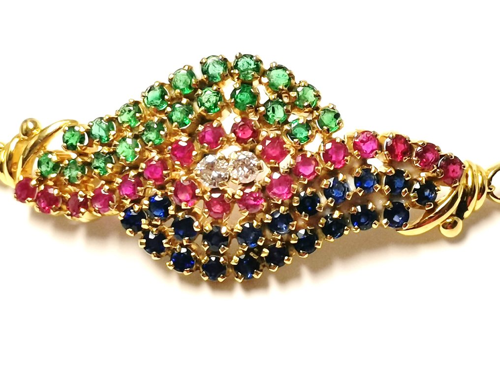 Bracelet - 18 kt. Yellow gold, Diamonds, rubies, sapphires and emeralds. #2.1