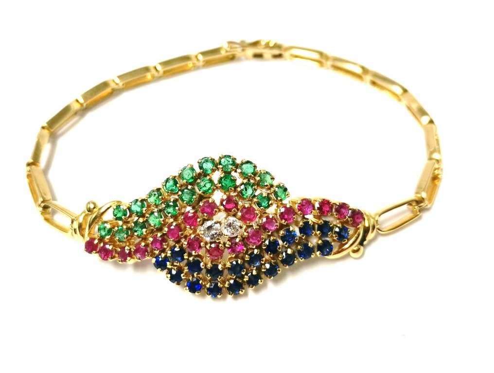 Bracelet - 18 kt. Yellow gold, Diamonds, rubies, sapphires and emeralds. #1.1