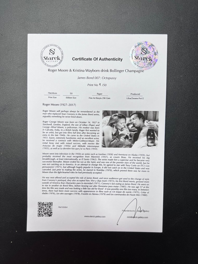 James Bond 007: Octopussy - Roger Moore & Kristina Wayborn drink Bollinger Champagne - Fine Art Photography - Luxury Wooden Framed 70X50 cm - Limited Edition Nr 04 of 50 - Serial ID 20064 - Original Certificate (COA), Hologram - 100% New. Shipping Reduction from 3 items #1.0