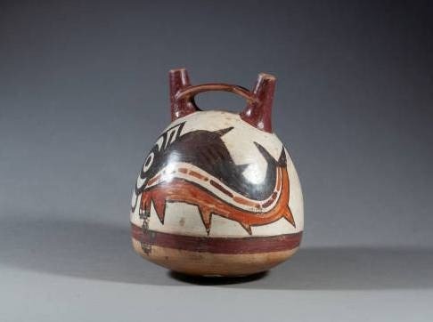 Pré-colombiano. Nazca Vaso globular raro de cerâmica de Nazca com divindade da baleia assassina - 15×13×13 cm Com licença de importação espanhola #2.2