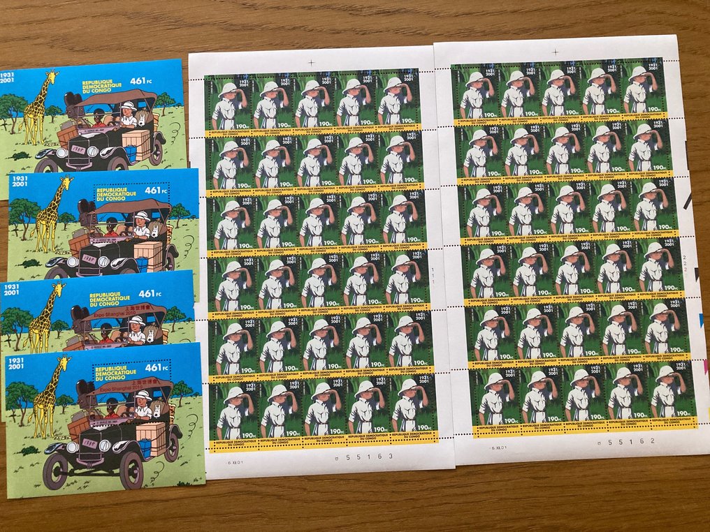 Congo belga 2001 - Tintin in Congo: 2 fogli completi con i numeri di tavola 1 e 2 e blocchi seghettati/non seghettati - OBP/COB 2092 + BL205/205A in 2 versies #2.1